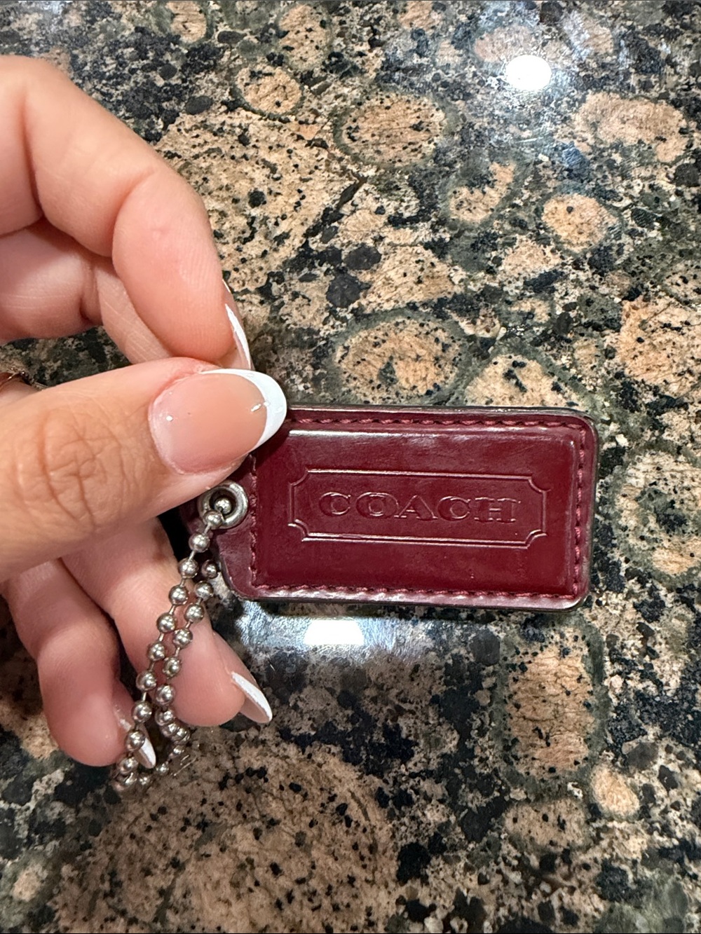Coach Burgundy Leather Tag Keychain with Silver-Tone chain